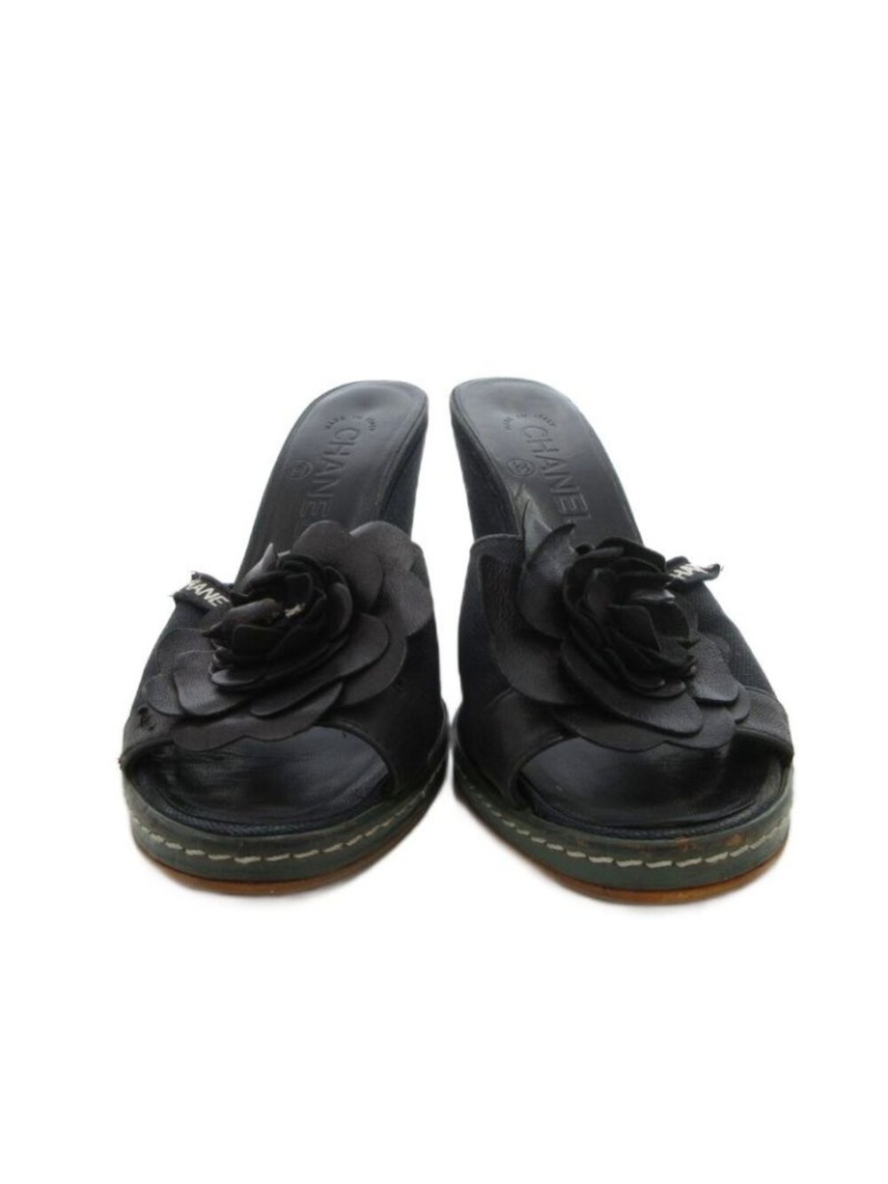 Chanel Camellia Sandals Leather 36.5 Black Wedge Sole Open Toe - Picture 4 of 9